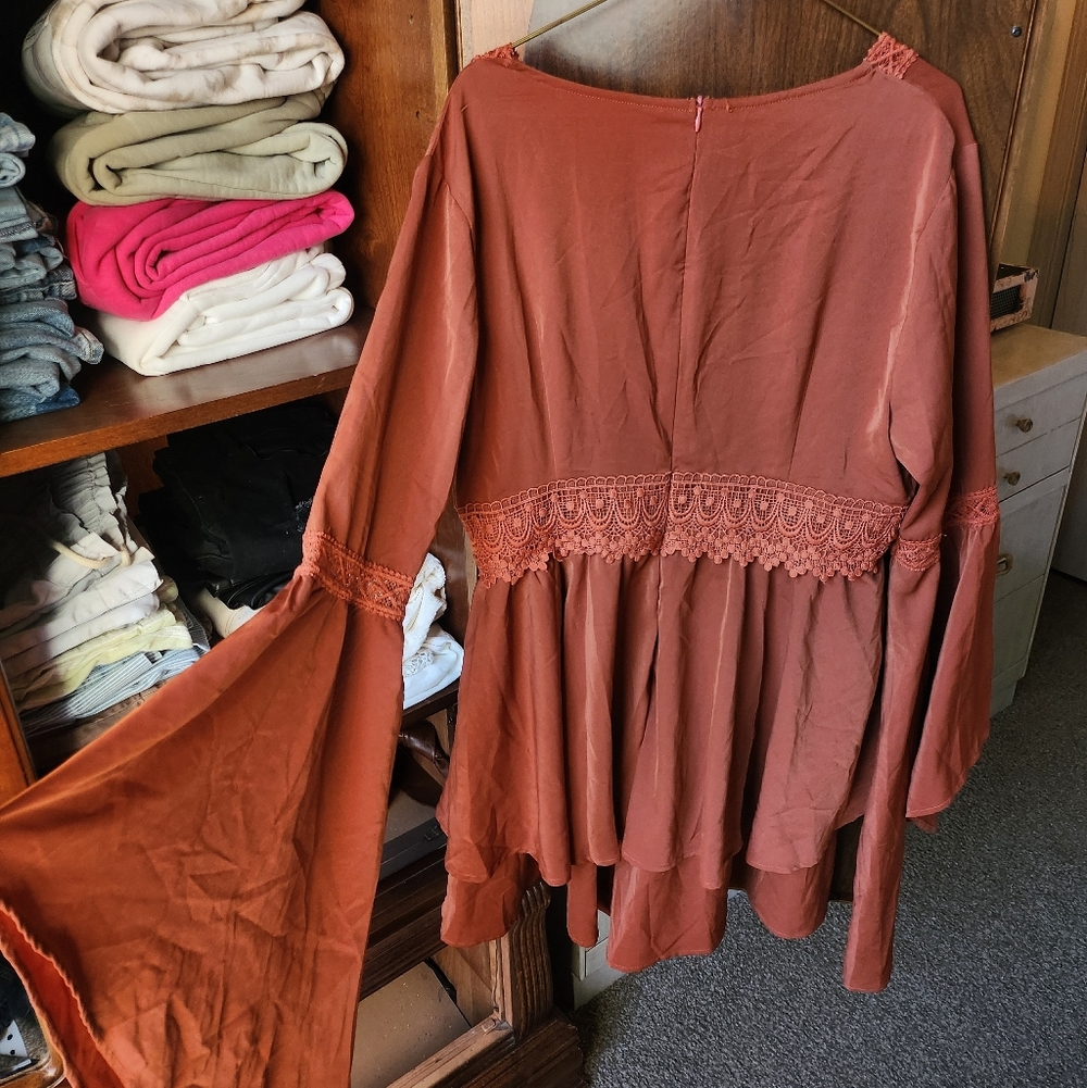 Cider Rust Trumpet Sleeve Romper Dress - Picture 4 of 6